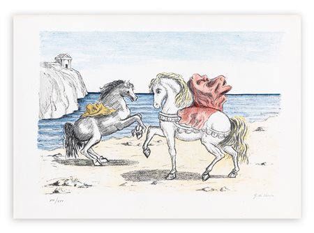 GIORGIO DE CHIRICO (1888-1978) - Cavalli sulla spiaggia (Cavalli di Perseo), 1974