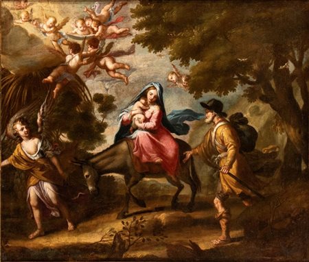 Scuola veneta, XVII secolo Fuga in Egitto Olio su tela cm. 87x102,5. Con cornice