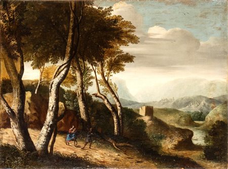 Artista attivo a Roma, fine XVII - inizio XVIII secolo Paesaggio con fuga in...