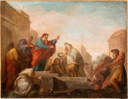 Artista veneto, XVIII secolo Scena di sacrificio di fronte al sacerdote Olio...