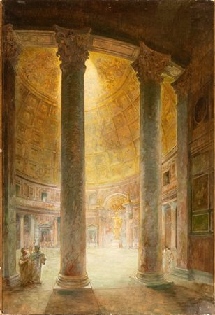 Artista neoclassico, XIX secolo Veduta dell'interno del Pantheon con figure...