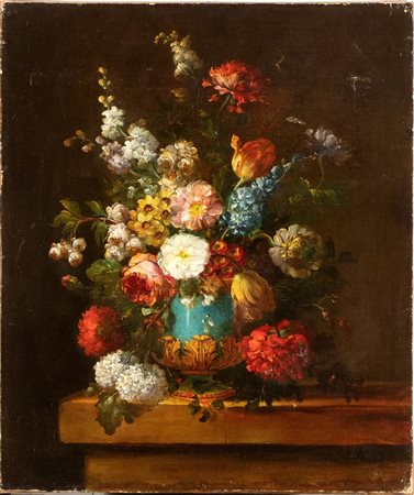 Artista nord-europeo, XVIII secolo Vaso di fiori con crisantemi e camelie...