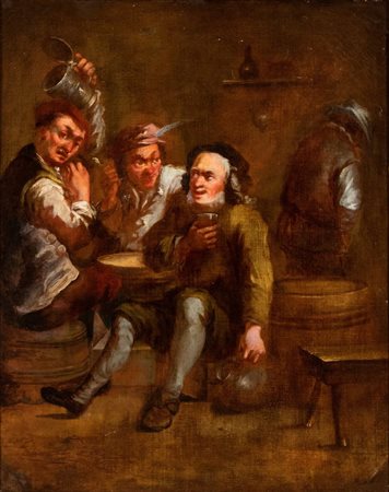 Artista fiammingo, XVII-XVIII secolo Interno di osteria con quattro figure...