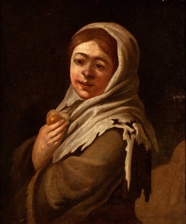 Artista fiammingo, XVIII secolo Ritratto di giovane paesana con frutto Olio...