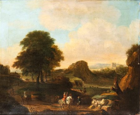 Artista fiammingo, XVIII secolo Paesaggio con cavalieri Olio su tela cm....