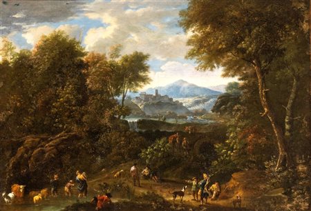 Scuola romana, seconda metà XVII secolo Paesaggio con figure e borgo sullo...