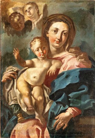 Scuola napoletana, XVIII secolo Madonna con Bambino ed angeli Olio su tela...