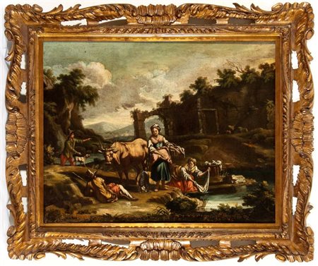 Artista attivo a Roma, XVIII secolo Paesaggio con lavandaie e pastori Olio su...