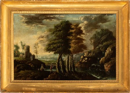 Artista attivo a Roma, XVIII secolo Paesaggio con torrione circolare e figure...