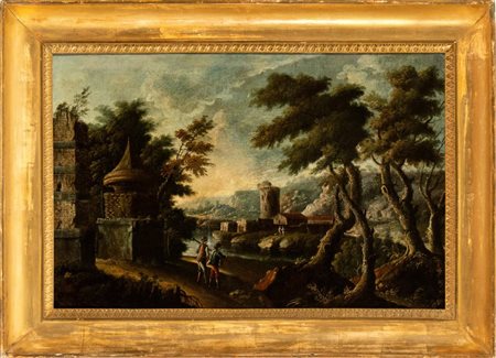 Artista attivo a Roma, XVIII secolo Paesaggio con rudere, torre e figure Olio...