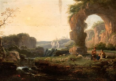 Artista attivo a Roma, XVIII secolo Paesaggio con arco di roccia, pastori e...