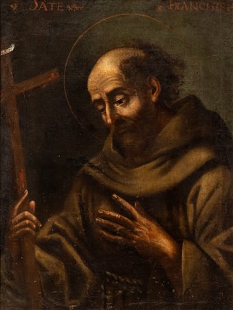 Artista emiliano, XVII secolo San Francesco con il crocifisso Olio su tela...