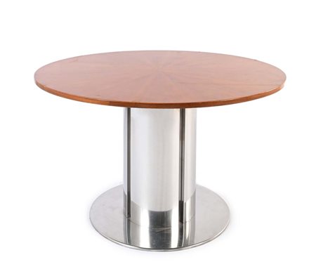 Tavolo da pranzo Anni '70 Struttura in acciaio e piano in legno cm 73x120 Ø