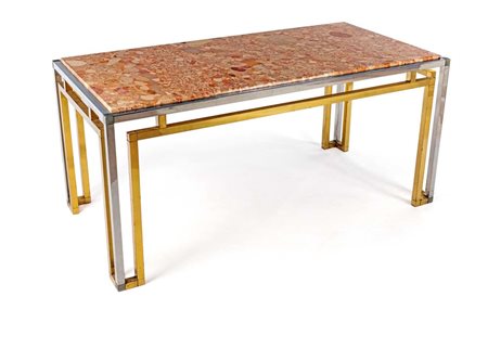 Tavolo rettangolare in ottone dorato e nichelato, Anni Settanta cm 74x160x80...