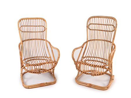 Coppia di poltrone in vimini e bambù Anni '70 cm h 111x60x60