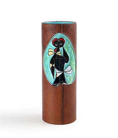 Marcello Fantoni Firenze 1915-Firenze 2011 Vaso in ceramica smaltata e cuoio...