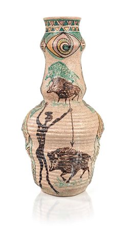 Vaso in ceramica decorata con scene di caccia e motivi geometrici cm h 54x25 ø
