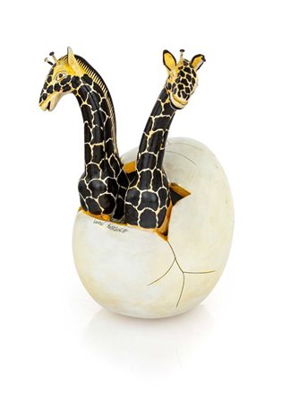 Lourdes Rodriguez Uovo e due giraffe Ceramica cm h 17x12x11 Firma "Lourdes...