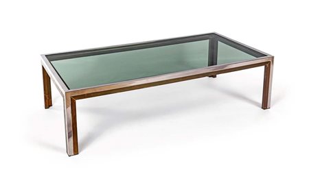 Romeo Rega Tavolino basso Anni '70 35,5x130x65 metallo cromato, ottone e vetro