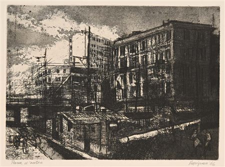 Renzo Vespignani Roma 1924-Roma 2001 Periferia 1966 Acquaforte cm 35x50...