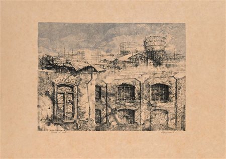 Renzo Vespignani Roma 1924-Roma 2001 Periferia con Gasometro 1981 Litografia...