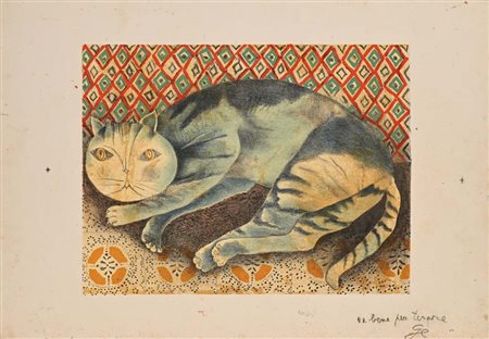 Franco Gentilini Faenza 1909-Roma 1981 Gatto accucciato Litografia cm 50x70...