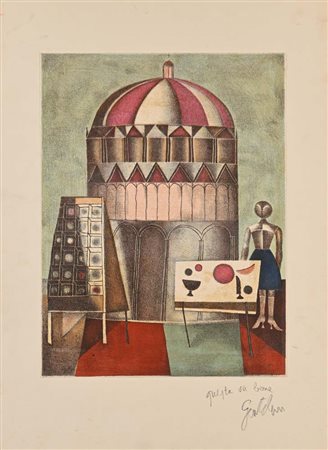 Franco Gentilini Faenza 1909-Roma 1981 Cattedrale e figura Litografia cm...