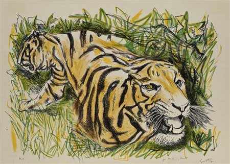 Renato Guttuso Bagheria 1911-Roma 1987 Tigri Litografia cm 50x70 - in cornice...
