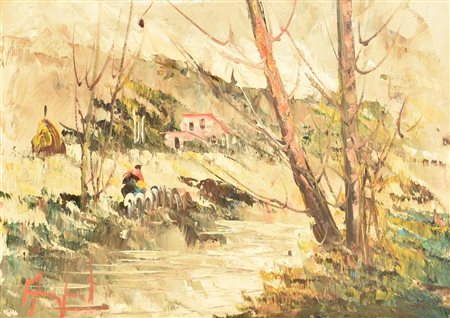 Ignoto PAESAGGIO FLUVIALE olio su faesite, cm 30x40 firma