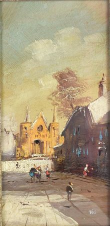 Ignoto PAESAGGIO CITTADINO olio su tavola, cm 18x9 firma