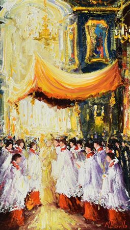 Mario Borella CORPUS DOMINI olio su tela, cm 35x20 firma sul retro: firma,...