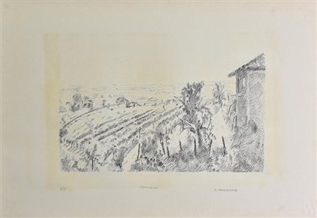 Giuseppe Manzone VEDUTA SU VIGNETO litografia su carta, cm 33x50; es. 16/30...