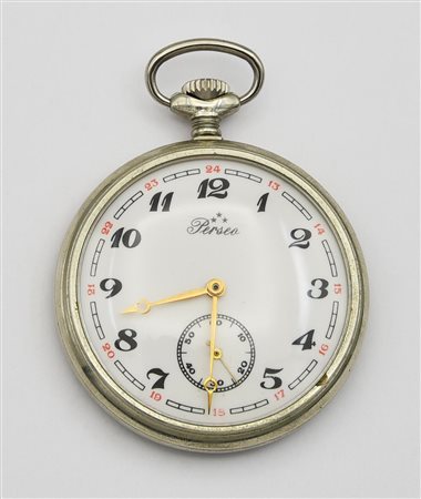 Orologio da tasca Perseo, meta' 900, acciaio CASSA: in acciaio con locomotiva...