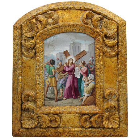 Sosta della via Curcis Dipinto ad olio su smalto in cornice in legno scolpito...