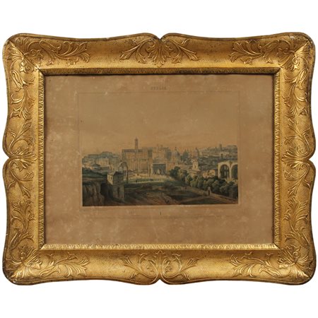 Veduta di villa Farnese Stampa acquerellata su carta in cornice a vassoio in...