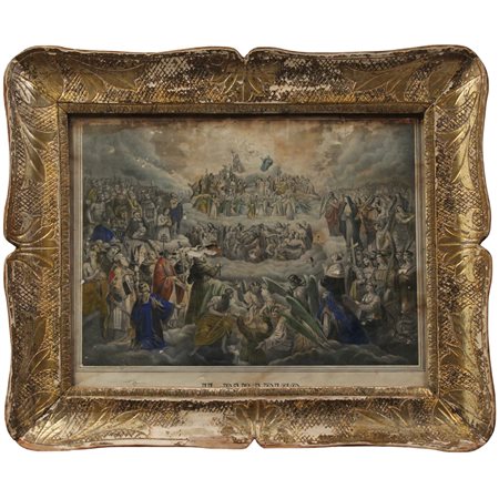 Scene bibliche Coppia stampe acquerellate in conrici in legno a vassoio...