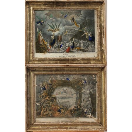 Scene bibliche Coppia stampe acquerellate in conrici in legno dorato a canna...