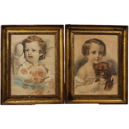 Figure di fanciulle Coppia di stampe acquerellate in cornici in legno dorato...