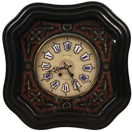 Orologio da parete Quadrante in alabastro e cassa in legno intarsiato con...