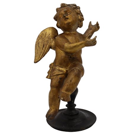 Putto alato Legno scolpito e dorato con supporto in legno (restauri alla...