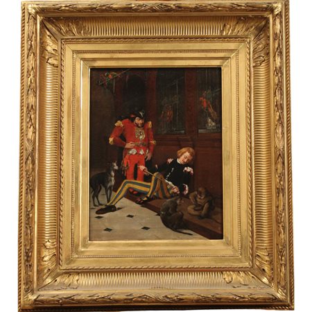 Charles Louis Kratkè (1848/1921) "Animali a corte" Dipinto ad olio su tela in...