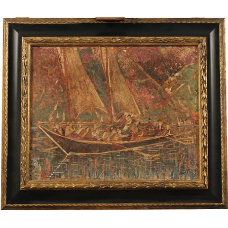 Veliero con vogatori Particolare collage con varie parti di francobolli e...