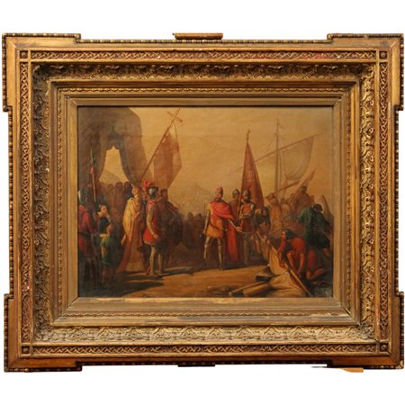 Pittore italiano degli inizi del secolo XIX "Scena storica" Dipinto ad olio...