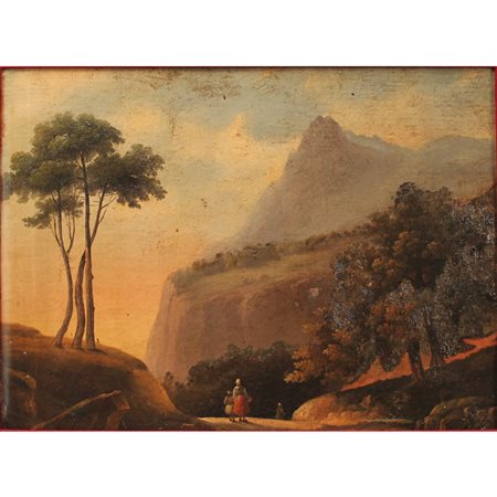 Scuola napoletana del secolo XIX "Paesaggio con figure" Dipinto ad olio su...