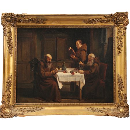 Scuola francese del secolo XIX "Scena di interno con frati" Dipinto ad olio...