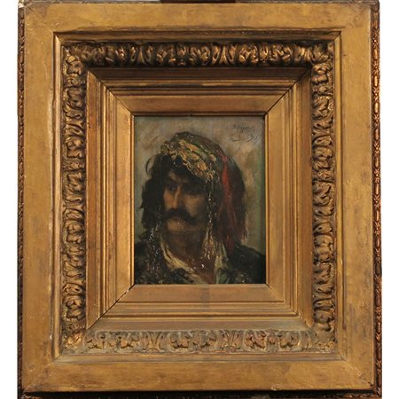 Bulgaro Dipinto ad olio su tavola in cornice in legno dorato. Firma...