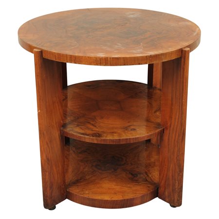 Tavolino circolare a ripiani Radica di noce. Sicilia. Epoca art dèco. Cm d 63...