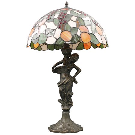 Grande lampada da tavolo Figura di popolana in bronzo e paralume in vetro...