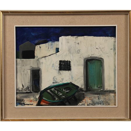 Toto Bonanno (1928/2002) "Casa di pescatore" Dipinto ad olio su tela in...