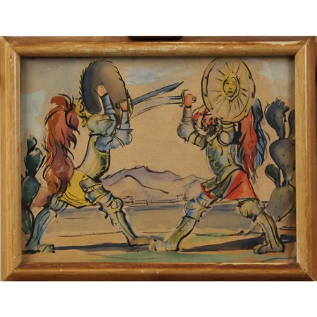 Gino Morici (1901/1972) (attr.)"Duello di paladini" Acquerello su carta in...